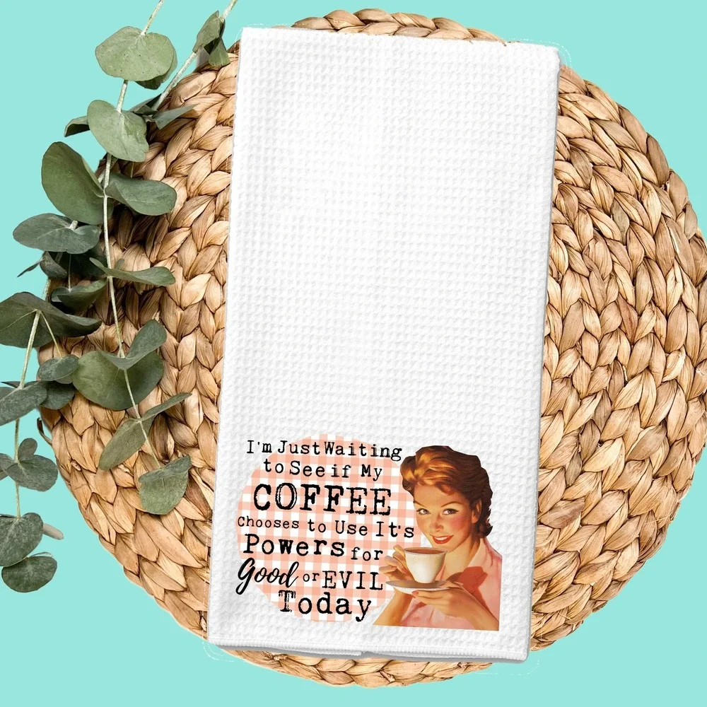 Funny Retro Coffee Powers Good or Evil Waffle Weave Kitchen Towel White